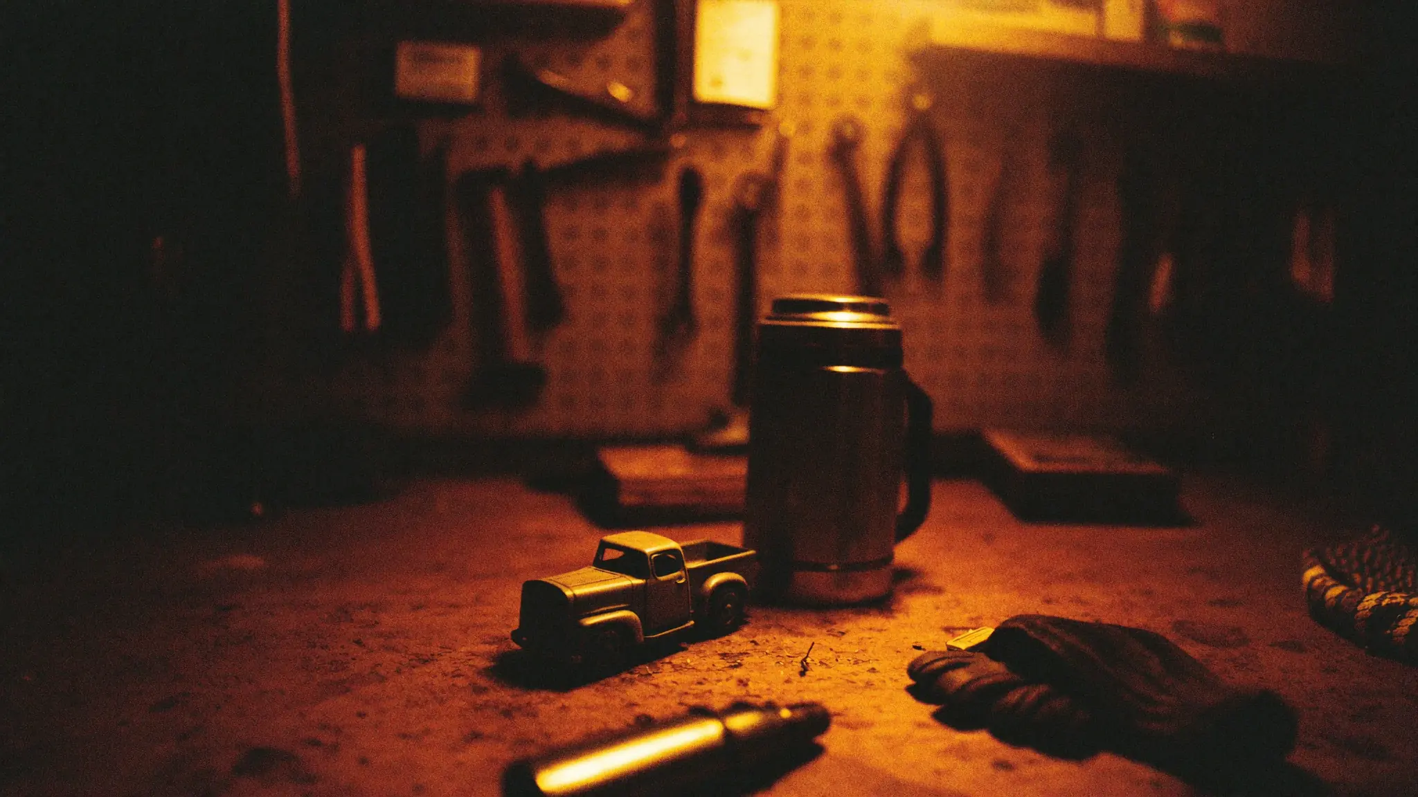A garage workbench at night: tools on the pegboard, a thermos, work gloves and a flashlight.
