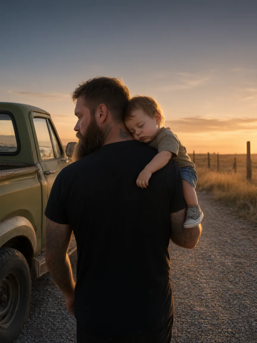 A bearded dad in a black tee holds his sleeping kid close at dusk.