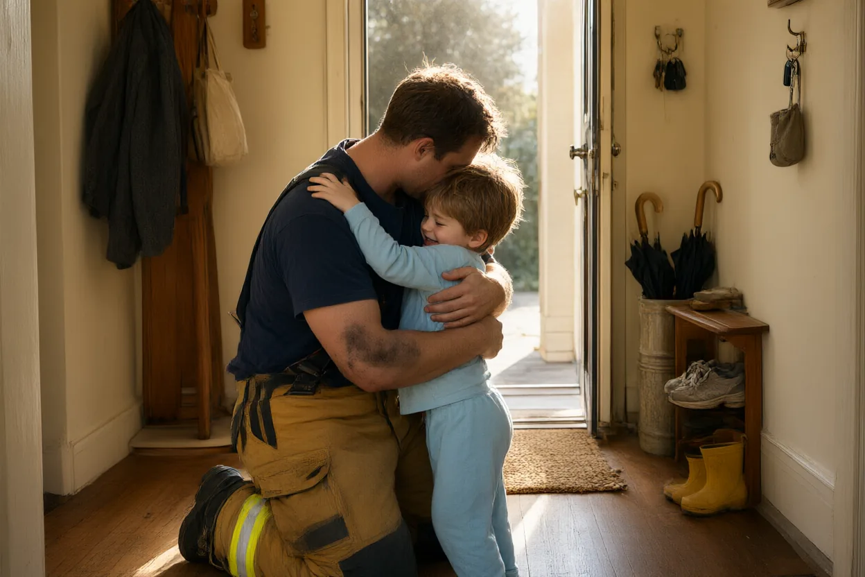 A dad in work pants kneels in the hallway to hug his small kid.