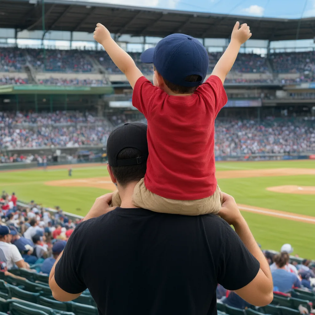 A kid in a red tee on his dad's shoulders at a ball game
